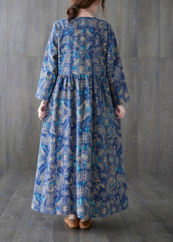 Chic Blue O-Neck Print Patchwork Long Dress Summer