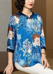 Chic Blue O Neck Print Patchwork Silk Shirt Bracelet Sleeve