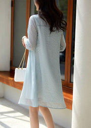 Chic Blue O-Neck Striped Patchwork Fake Two Pieces Button Long Dress Summer