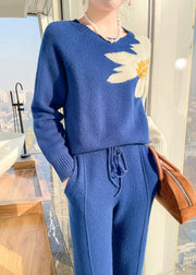 Chic Blue O Neck Tops And Pants Cashmere Two Pieces Set Spring