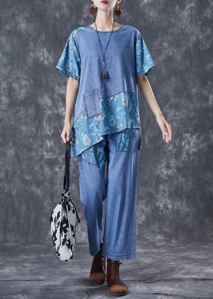 Chic Blue Oversized Asymmetrical Patchwork Denim Two Pieces Set Summer