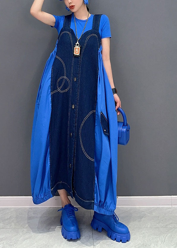 Chic Blue Oversized Patchwork Cotton Denim Strap Dress Summer