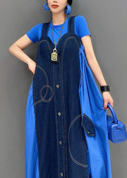 Chic Blue Oversized Patchwork Cotton Denim Strap Dress Summer