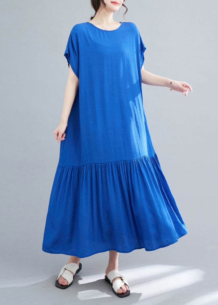 Chic Blue Oversized Patchwork Wrinkled Cotton Robe Dresses Summer