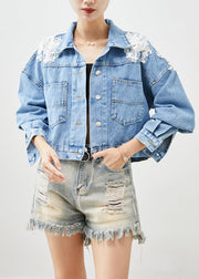 Chic Blue Oversized Stereoscopic Floral Denim Coat Fall