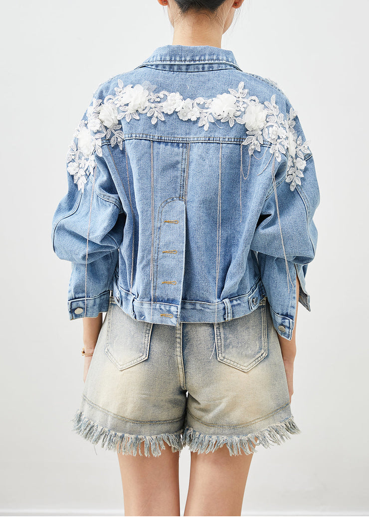 Chic Blue Oversized Stereoscopic Floral Denim Coat Fall