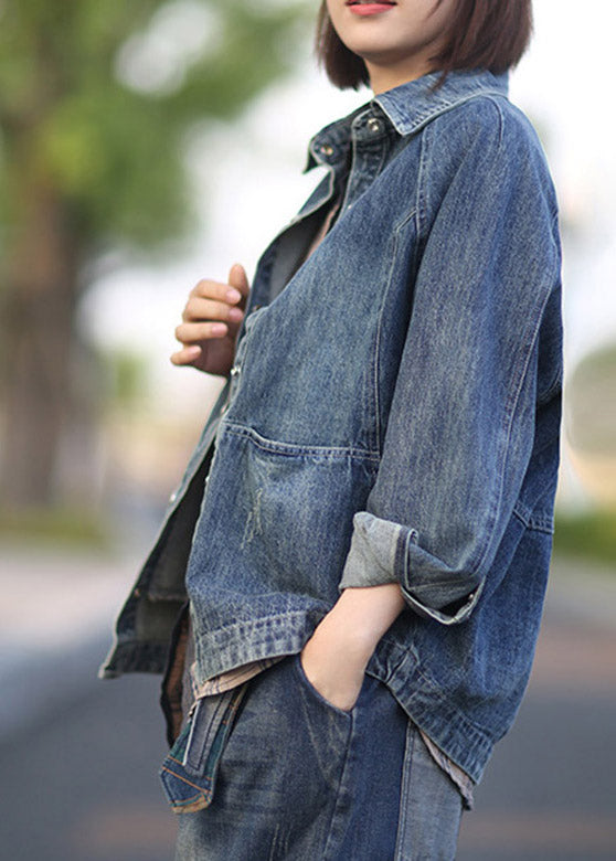 Chic Blue Peter Pan Collar Patchwork Denim Coats Spring