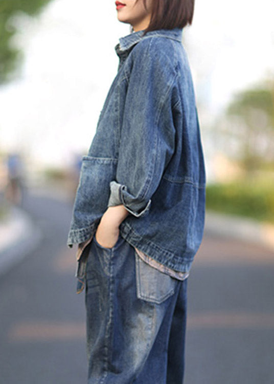 Chic Blue Peter Pan Collar Patchwork Denim Coats Spring