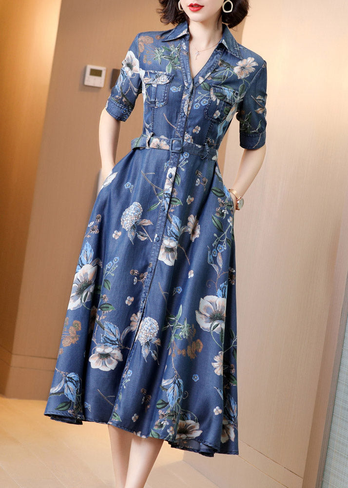 Chic Blue Peter Pan Collar Print Button Sashes Denim Long Dress Short Sleeve