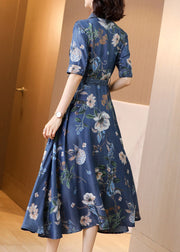 Chic Blue Peter Pan Collar Print Button Sashes Denim Long Dress Short Sleeve