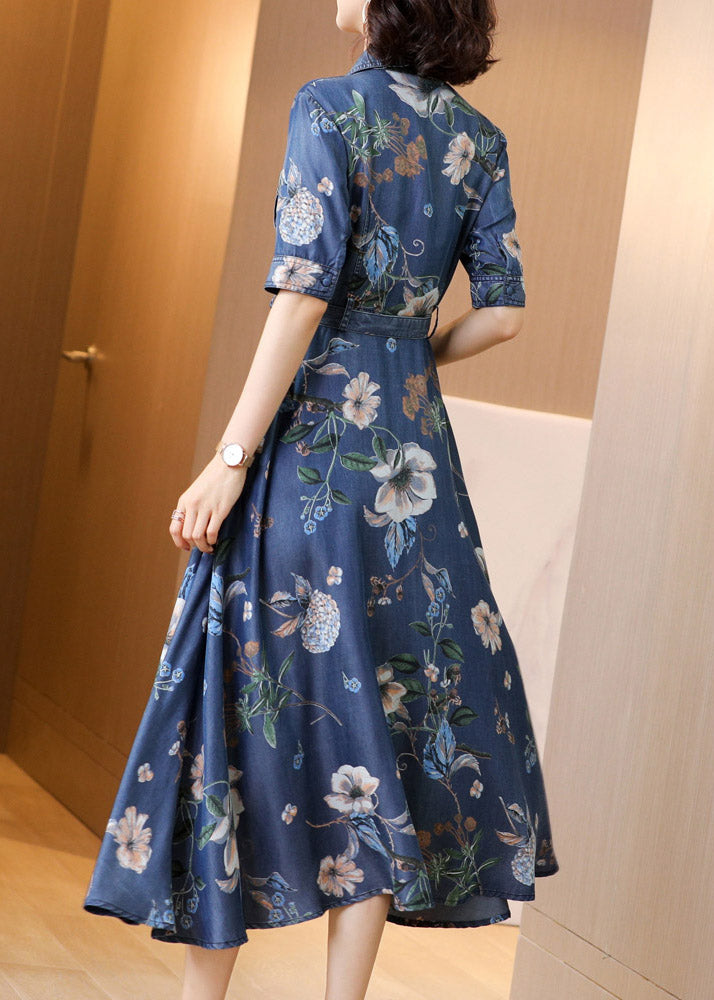 Chic Blue Peter Pan Collar Print Button Sashes Denim Long Dress Short Sleeve