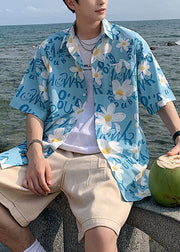 Chic Blue Peter Pan Collar Print Men Hawaiian Shirts Summer