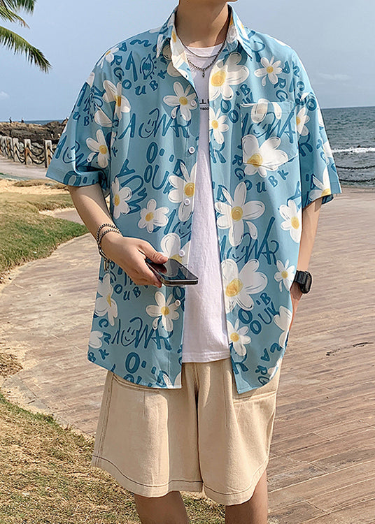 Chic Blue Peter Pan Collar Print Men Hawaiian Shirts Summer
