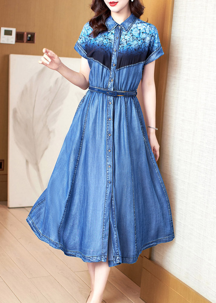 Chic Blue Peter Pan Collar Print Patchwork Button Sashes Cotton Vacation Denim Long Dresses Summer