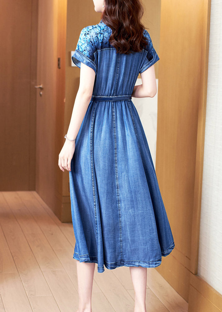 Chic Blue Peter Pan Collar Print Patchwork Button Sashes Cotton Vacation Denim Long Dresses Summer