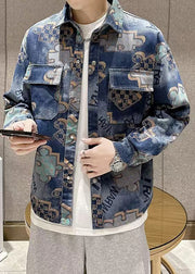 Chic Blue Peter Pan Collar Print Pockets Denim Mens Coats Spring