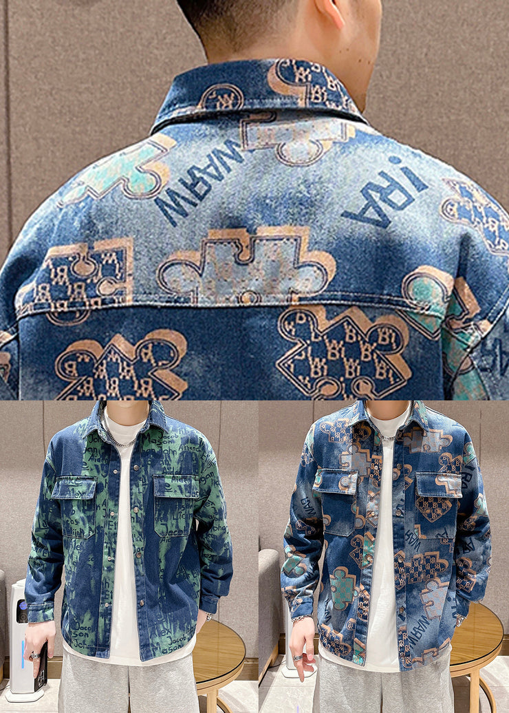 Chic Blue Peter Pan Collar Print Pockets Denim Mens Coats Spring