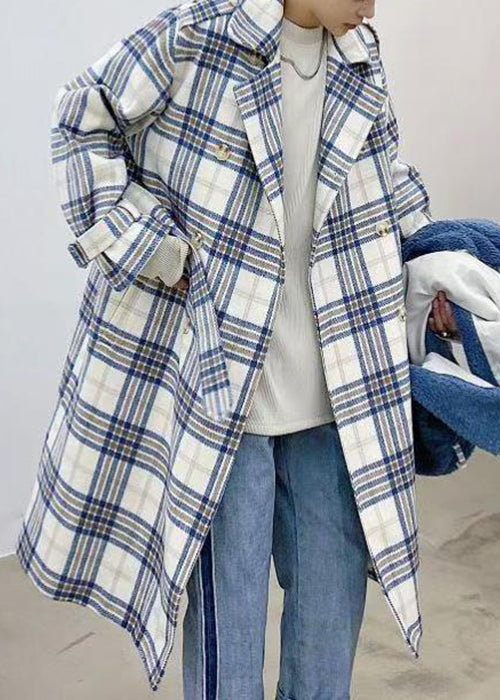 Chic Blue Plaid Double Breast Tie Waist Woolen Men Trench Coats Winter