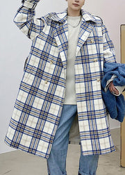 Chic Blue Plaid Double Breast Tie Waist Woolen Men Trench Coats Winter