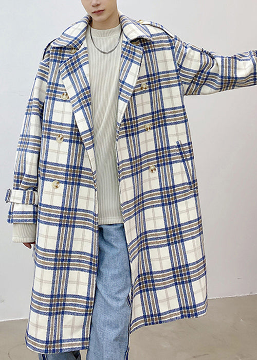 Chic Blue Plaid Double Breast Tie Waist Woolen Men Trench Coats Winter