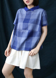 Chic Blue Plaid Peter Pan Collar Patchwork Linen Shirt Tops Summer