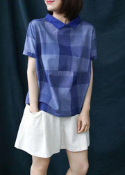 Chic Blue Plaid Peter Pan Collar Patchwork Linen Shirt Tops Summer