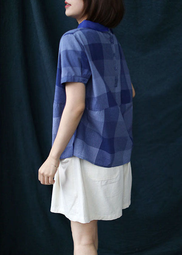 Chic Blue Plaid Peter Pan Collar Patchwork Linen Shirt Tops Summer