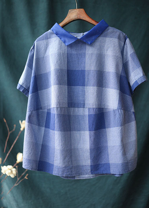 Chic Blue Plaid Peter Pan Collar Patchwork Linen Shirt Tops Summer