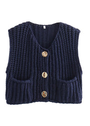 Chic Blue Pockets Button Knit Vest Sleeveless