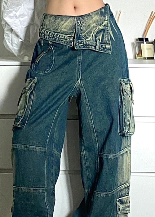 Chic Blue Pockets Patchwork Denim Fall Pants High Waist