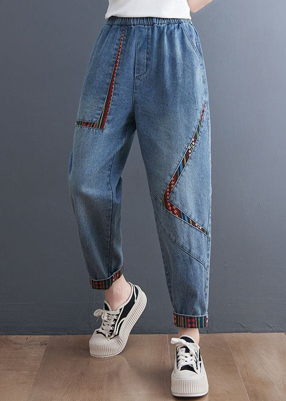 Chic Blue Pockets Patchwork Denim Harem Pants Summer