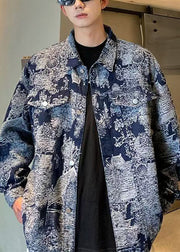 Chic Blue Print Pockets Patchwork Men Coat Fall