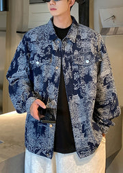 Chic Blue Print Pockets Patchwork Men Coat Spring