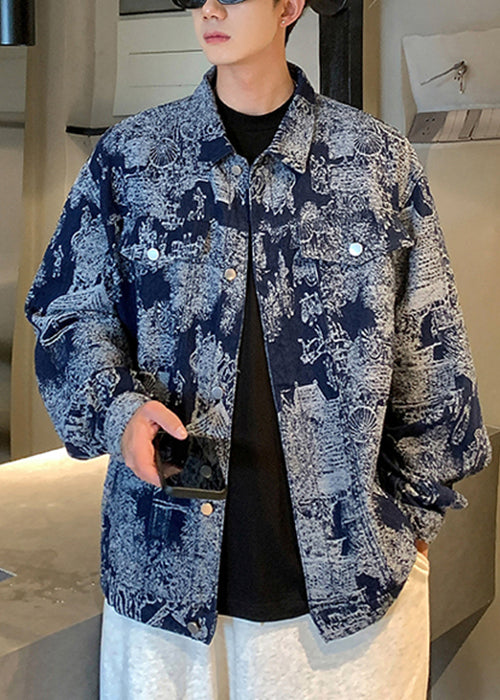 Chic Blue Print Pockets Patchwork Men Coat Fall