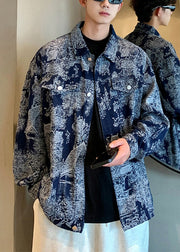 Chic Blue Print Pockets Patchwork Men Coat Spring