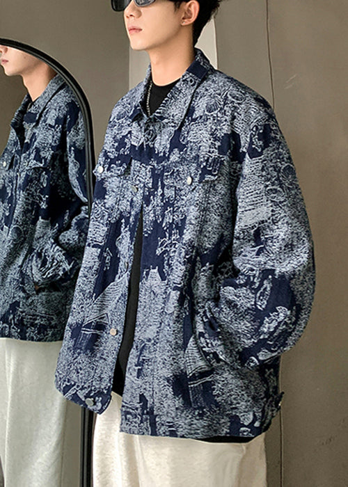 Chic Blue Print Pockets Patchwork Men Coat Spring