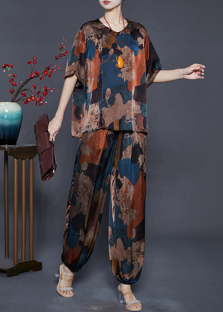 Chic Blue Print Silk Women Sets 2 Pieces Oversized Summer