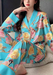 Chic Blue Roses Print Blouses And Pants Ice Silk Pajamas Two Pieces Set Spring