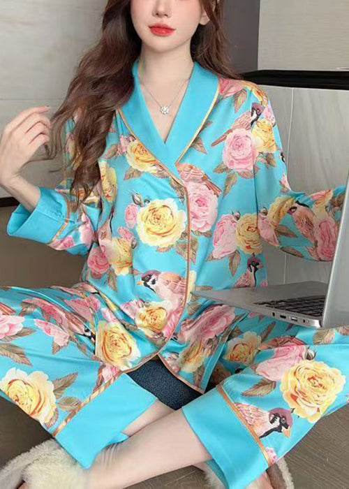 Chic Blue Roses Print Blouses And Pants Ice Silk Pajamas Two Pieces Set Spring