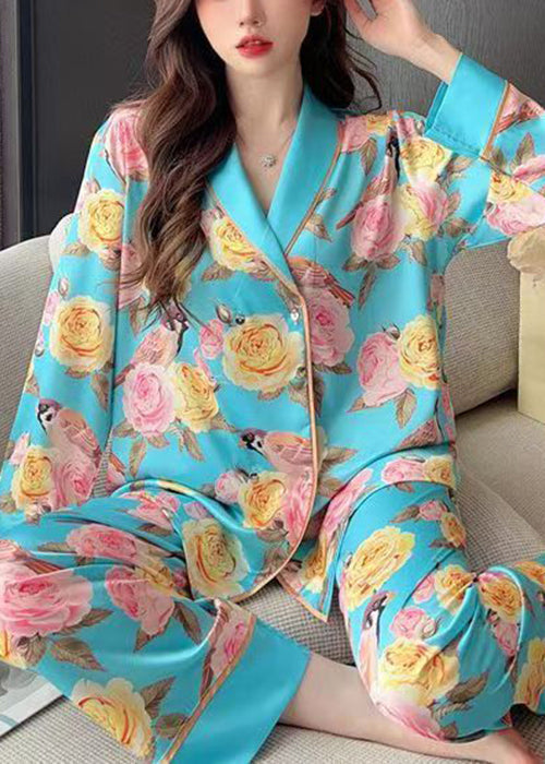 Chic Blue Roses Print Blouses And Pants Ice Silk Pajamas Two Pieces Set Spring