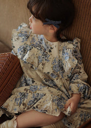 Chic Blue Ruffled Patchwork Kids Vacation Long Dresses Fall