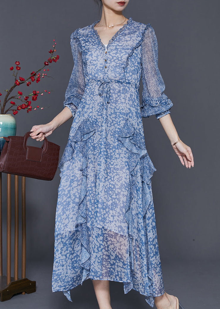 Chic Blue Ruffled Patchwork Print Chiffon Cinched Dress Spring