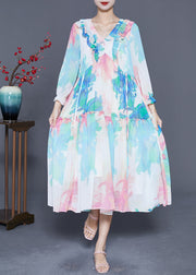 Chic Blue Ruffled Patchwork Print Chiffon Holiday Dresses Summer