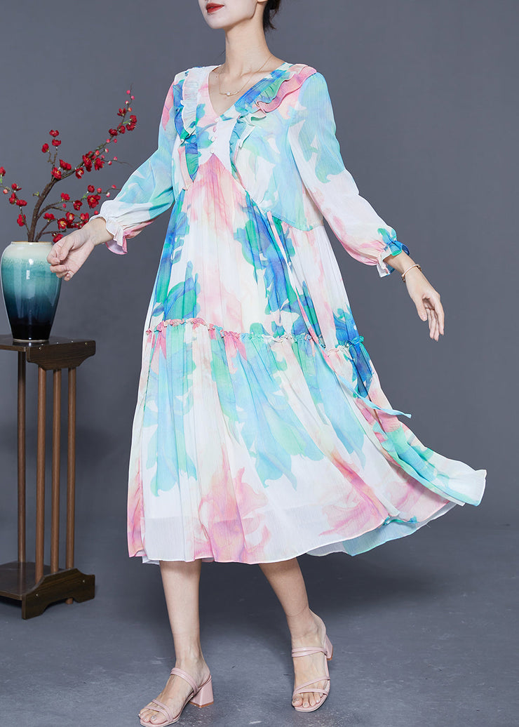 Chic Blue Ruffled Patchwork Print Chiffon Holiday Dresses Summer