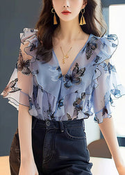 Chic Blue Ruffled Print Chiffon Shirts Half Sleeve