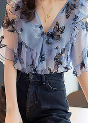 Chic Blue Ruffled Print Chiffon Shirts Half Sleeve