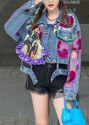 Chic Blue Ruffled Tulle Embroideried Patchwork Denim Jacket Spring