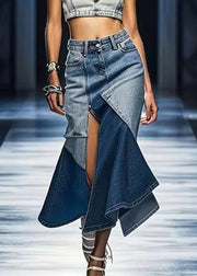 Chic Blue Side Open Patchwork Denim Skirt Summer