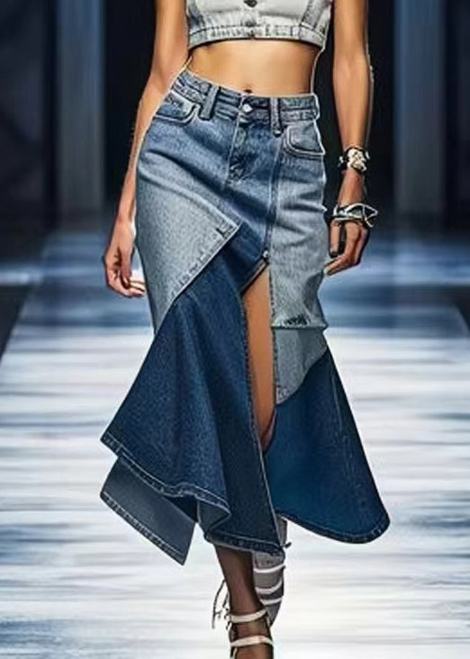 Chic Blue Side Open Patchwork Denim Skirt Summer