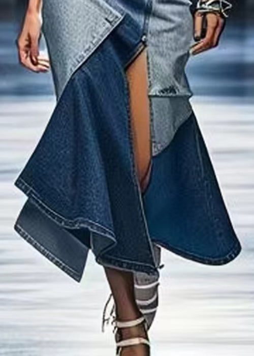 Chic Blue Side Open Patchwork Denim Skirt Summer